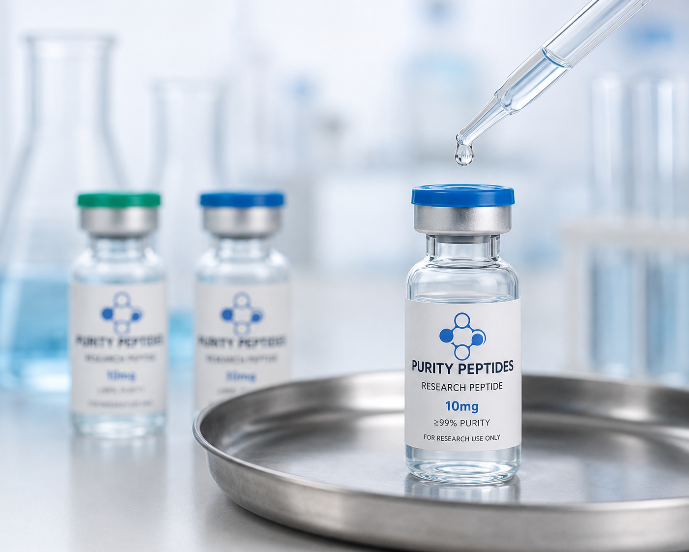 Purity Peptides research vial with laboratory glassware